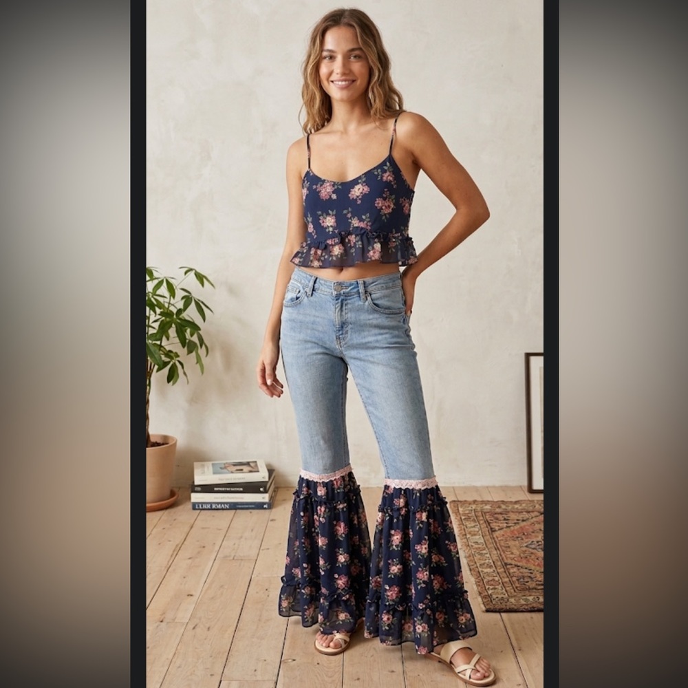Upcycled Denim Jeans & Floral Ruffle Crop Top Set Boho Y2K One-of-a-Kind